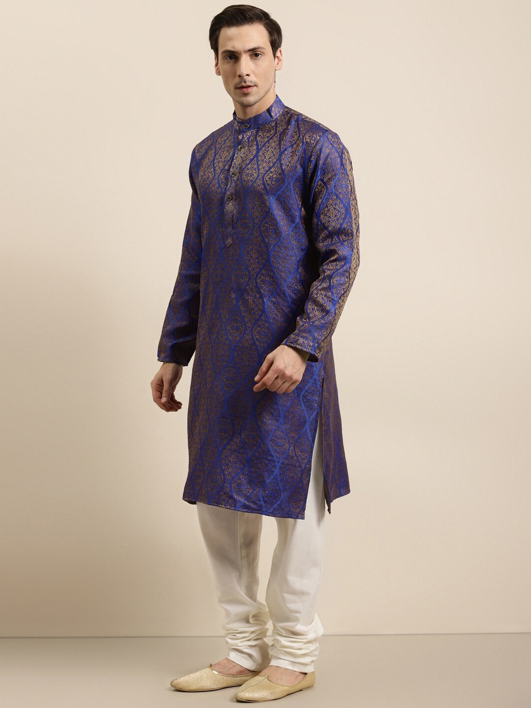

SOJANYA Ethnic Motifs Woven Design Jacquard Silk Regular Kurta With Churidar, Blue