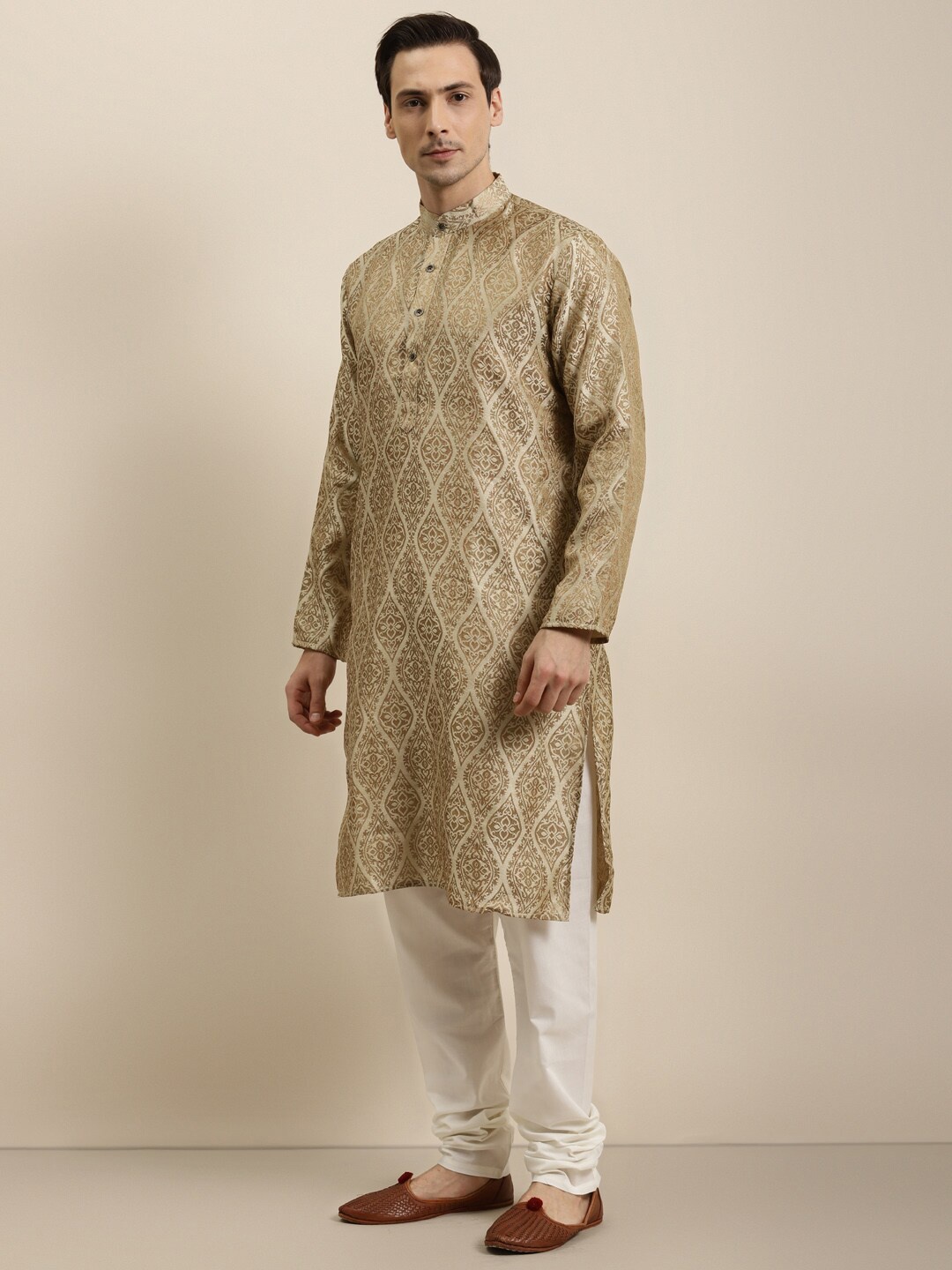 

SOJANYA Ethnic Motifs Woven Design Jacquard Silk Kurta With Churidar, Beige