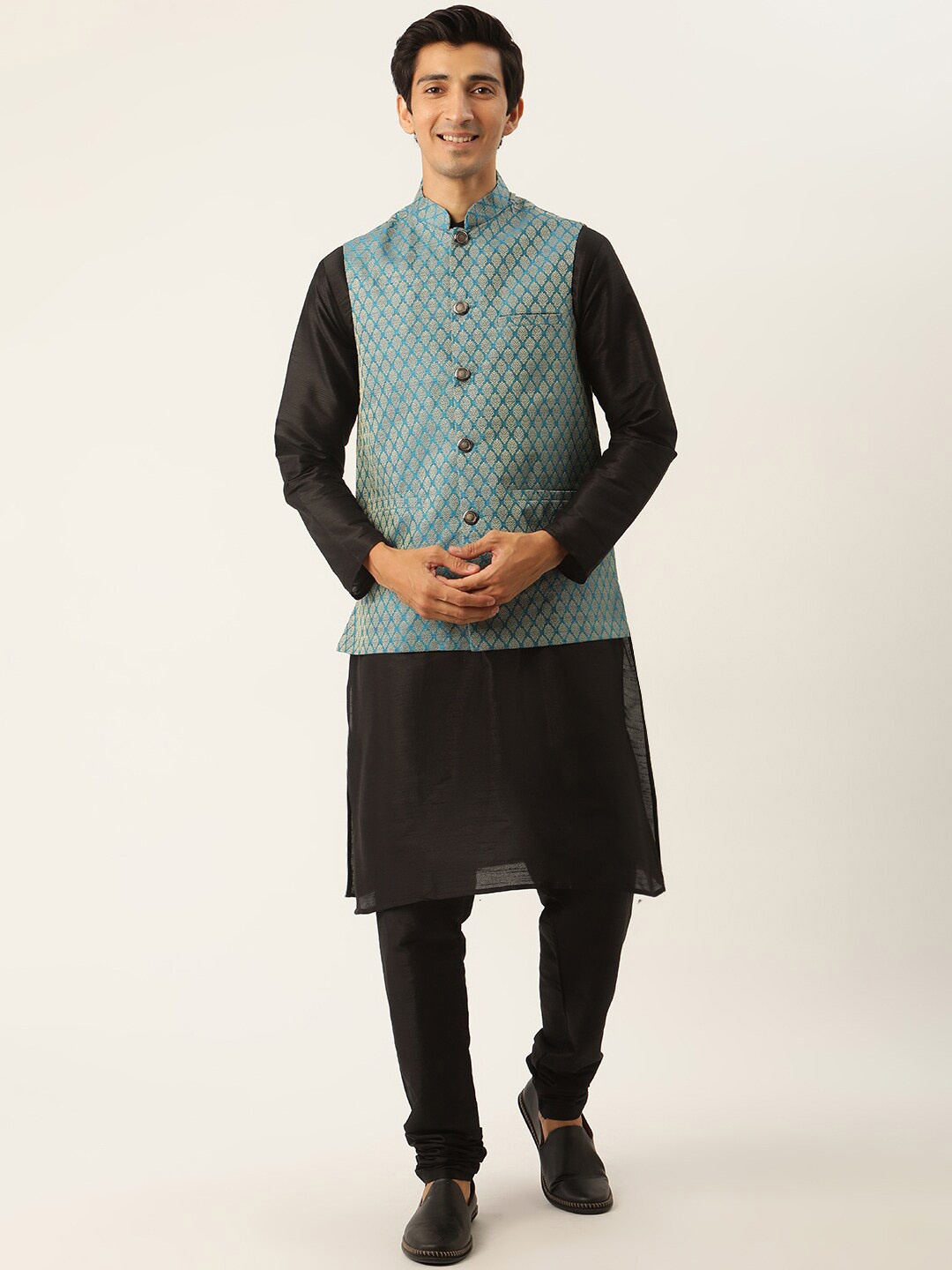 

SOJANYA Mandarin Collar Silk Blend Regular Kurta With Churidar & Nehru jacket, Black