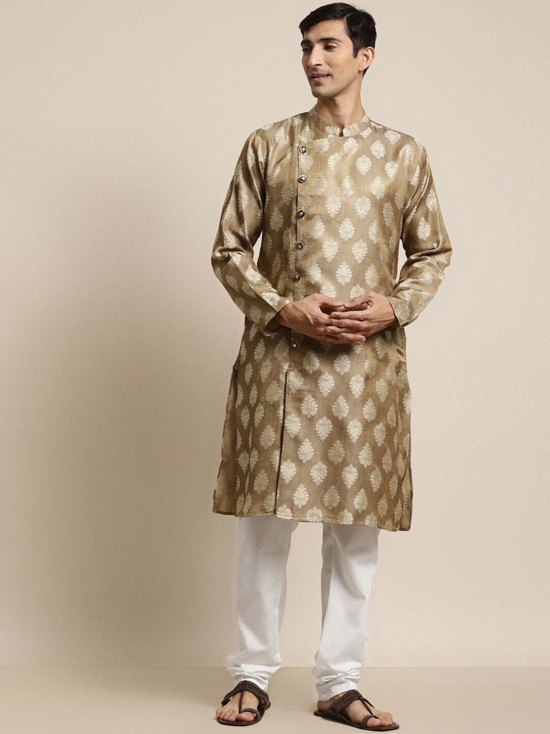 

SOJANYA Ethnic Motifs Woven Design Angrakha Jacquard Silk Kurta With Churidar, Brown