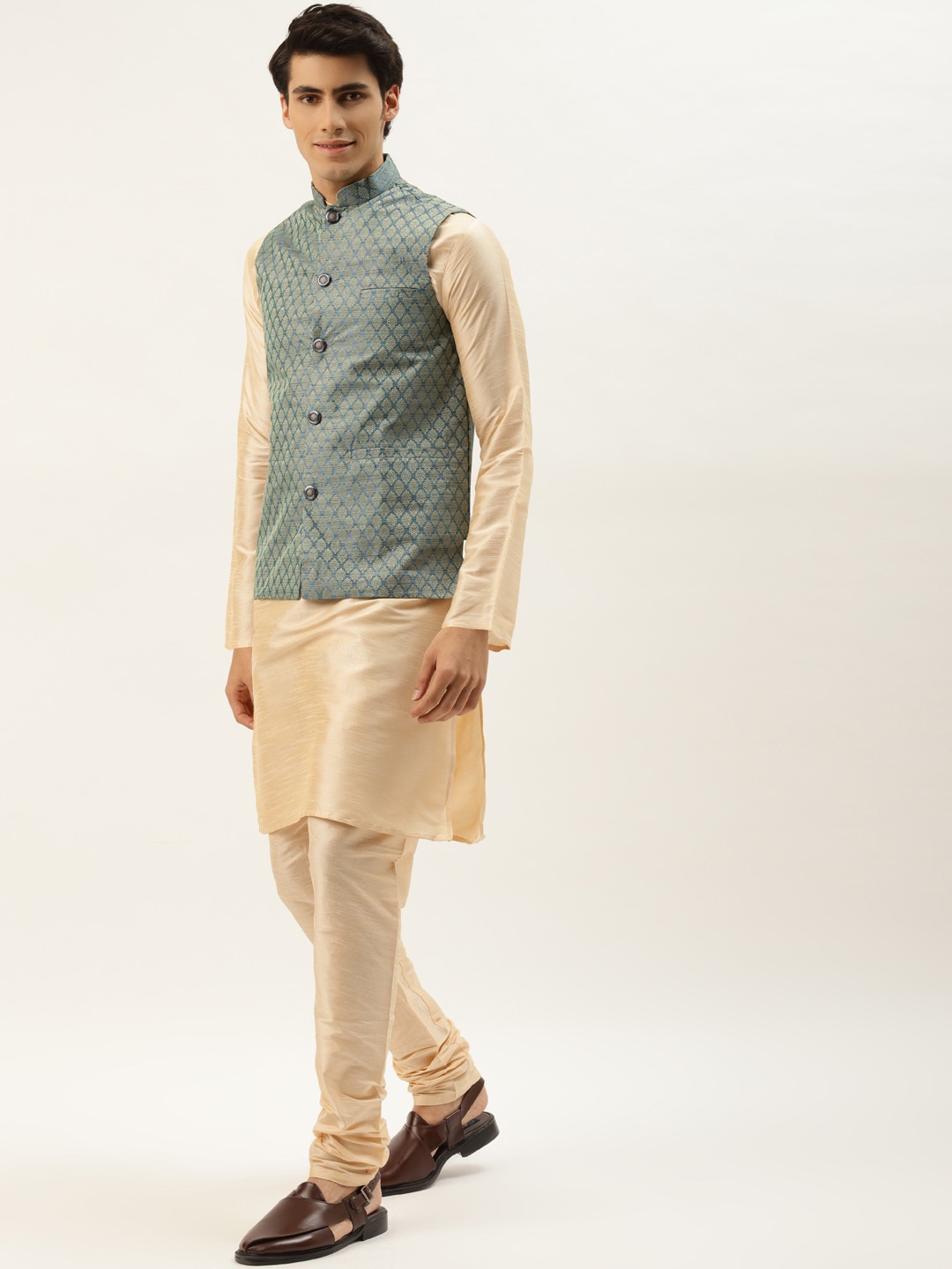 

SOJANYA Manadrin Collar Kurta with Churidar & Nehru Jacket, Beige