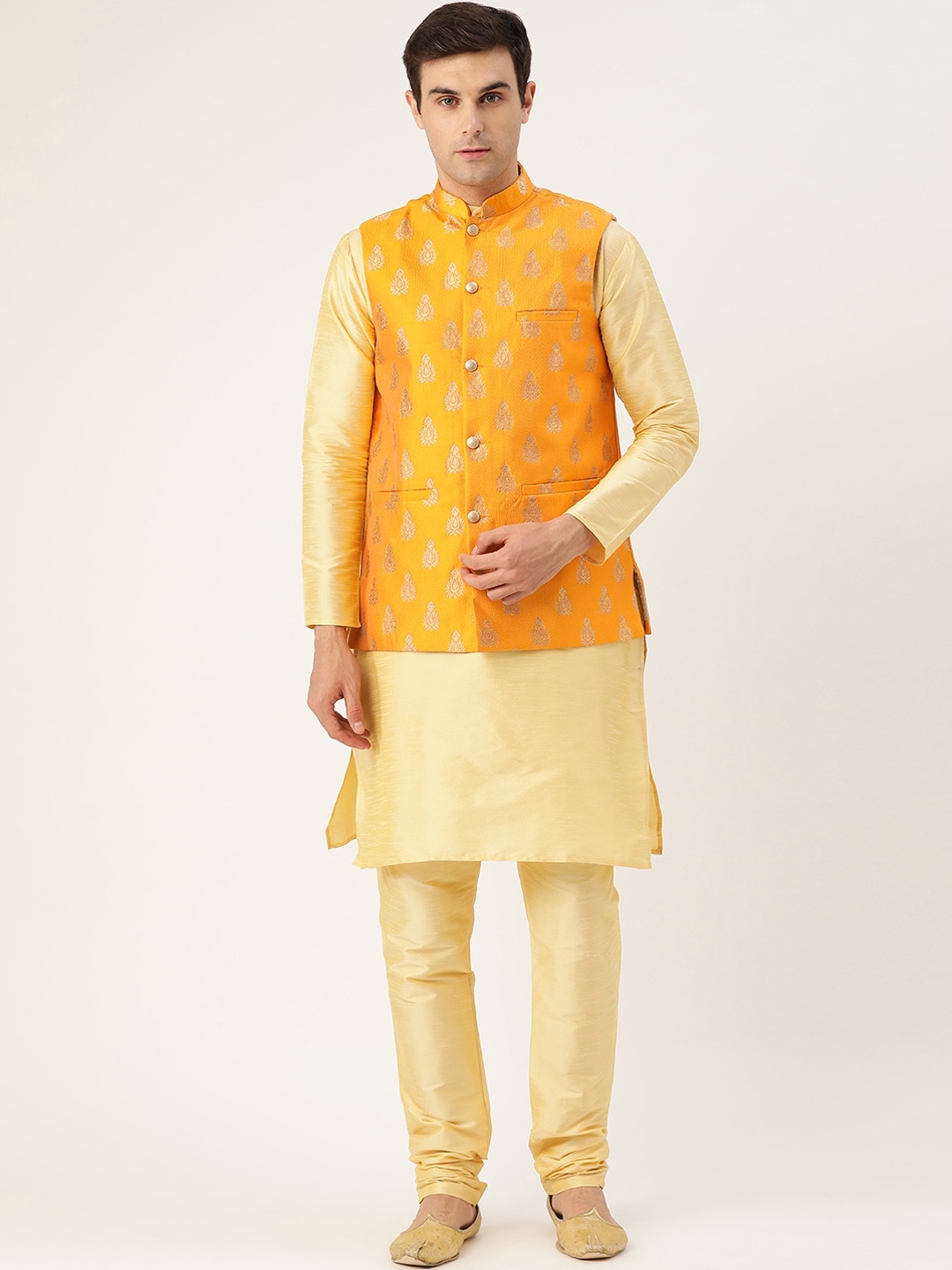 

SOJANYA Mandarin Collar Regular Kurta With Churidar & Nehru Jacket, Mustard
