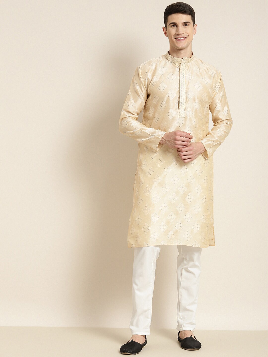 

SOJANYA Geometric Woven Design Mandarin Collar Regular Kurta With Churidar, Cream