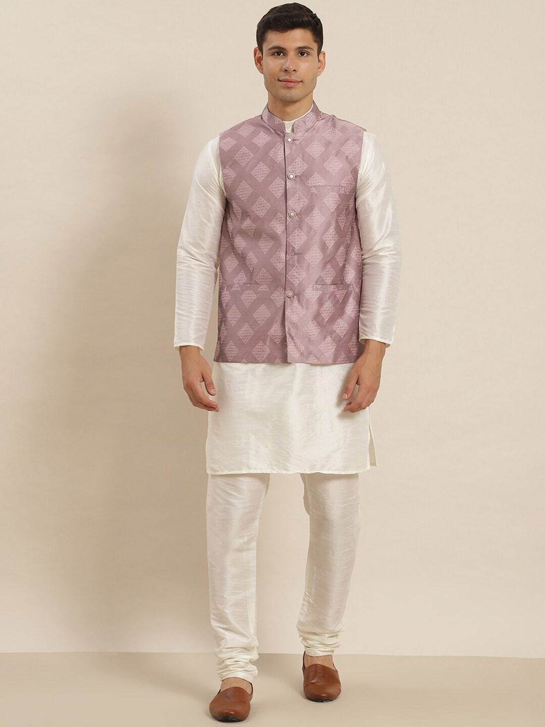 

SOJANYA Mandarin Collar Regular Kurta With Churidar & Nehru Jacket, Cream