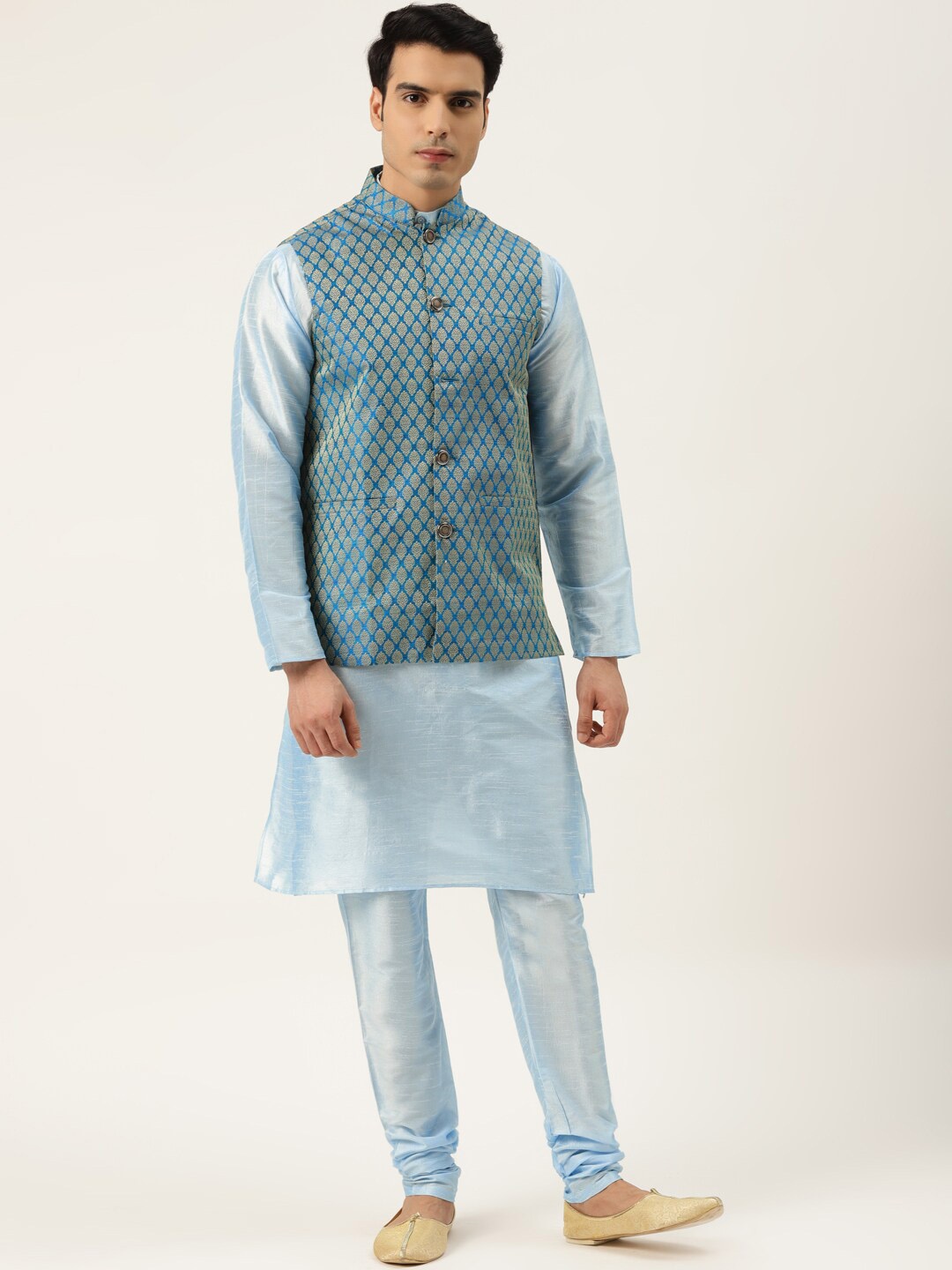 

SOJANYA Mandarin Collar Straight Regular Kurta With Churidar & Nehru Jacket, Turquoise blue