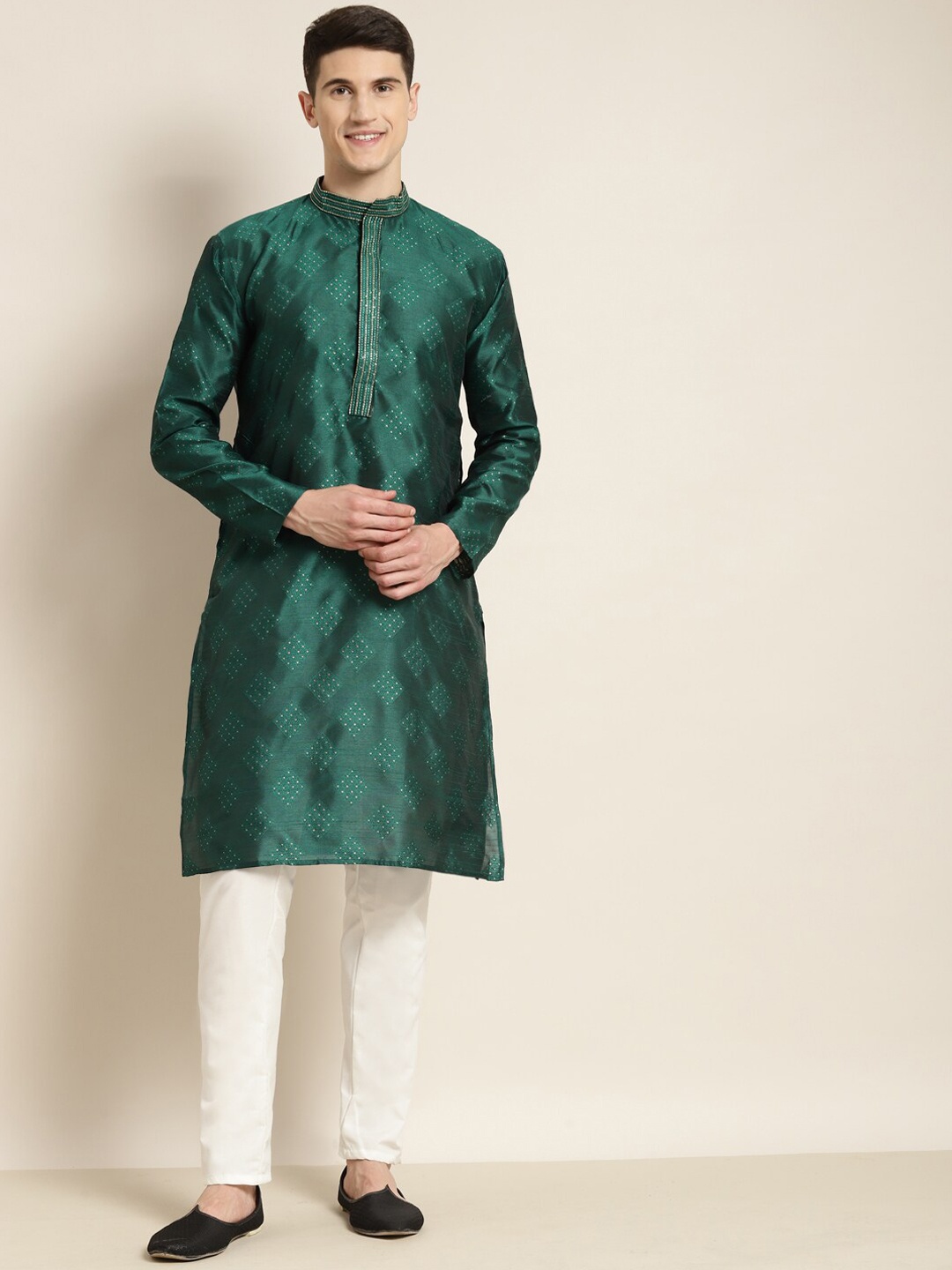 

SOJANYA Woven Design Mandarin Collar Straight Kurta with Churidar, Green