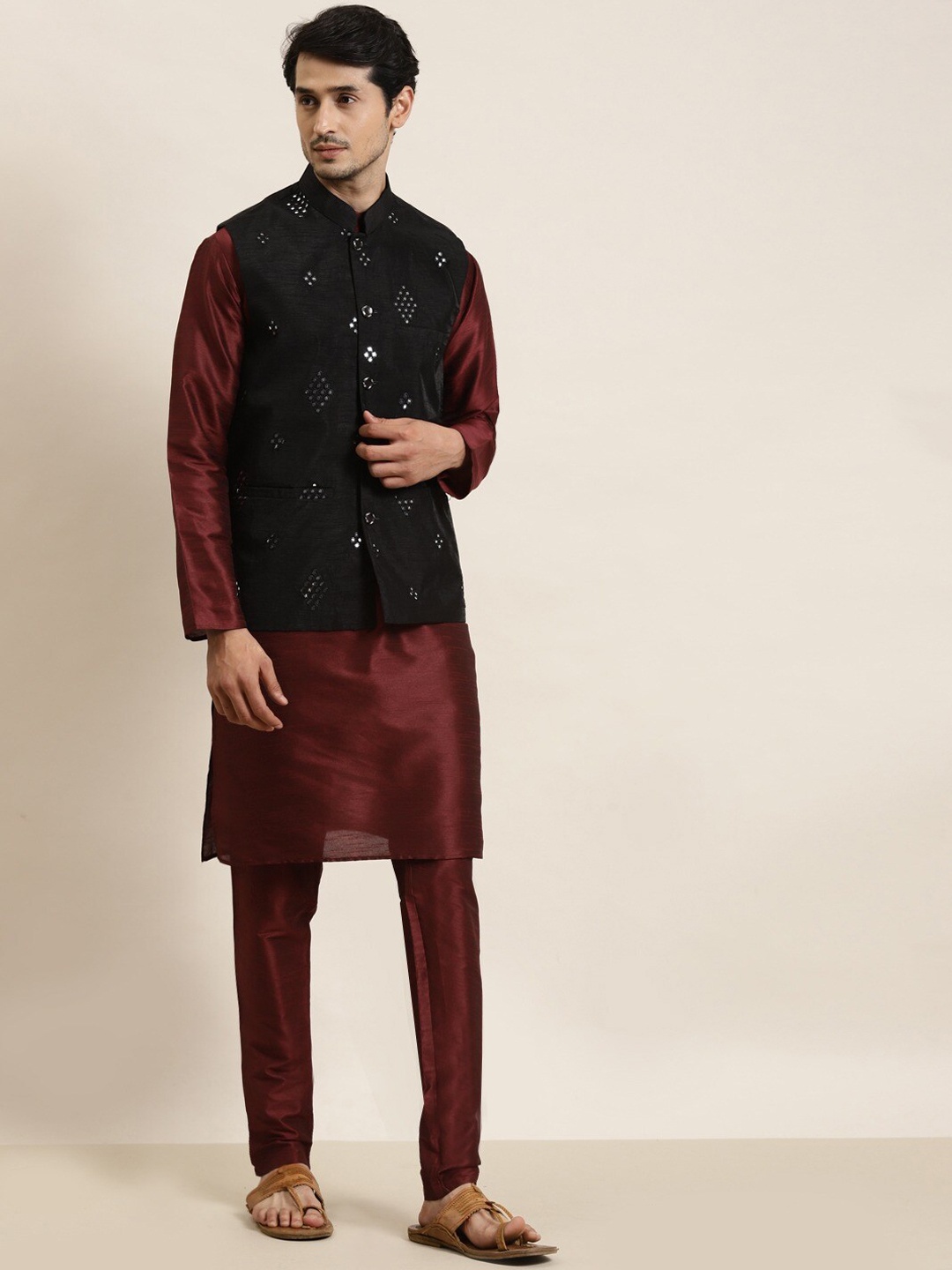 

SOJANYA Mandarin Collar Straight Kurta with Churidar with Mirror Work Nehru Jacket, Maroon