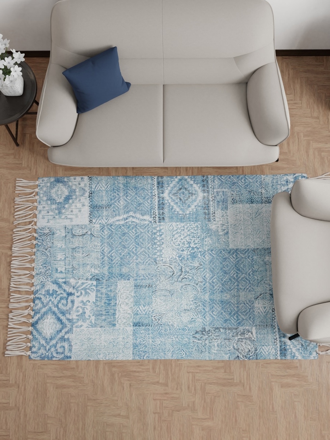 

HOUMN Uplift Blue & White Printed Cotton Dhurrie