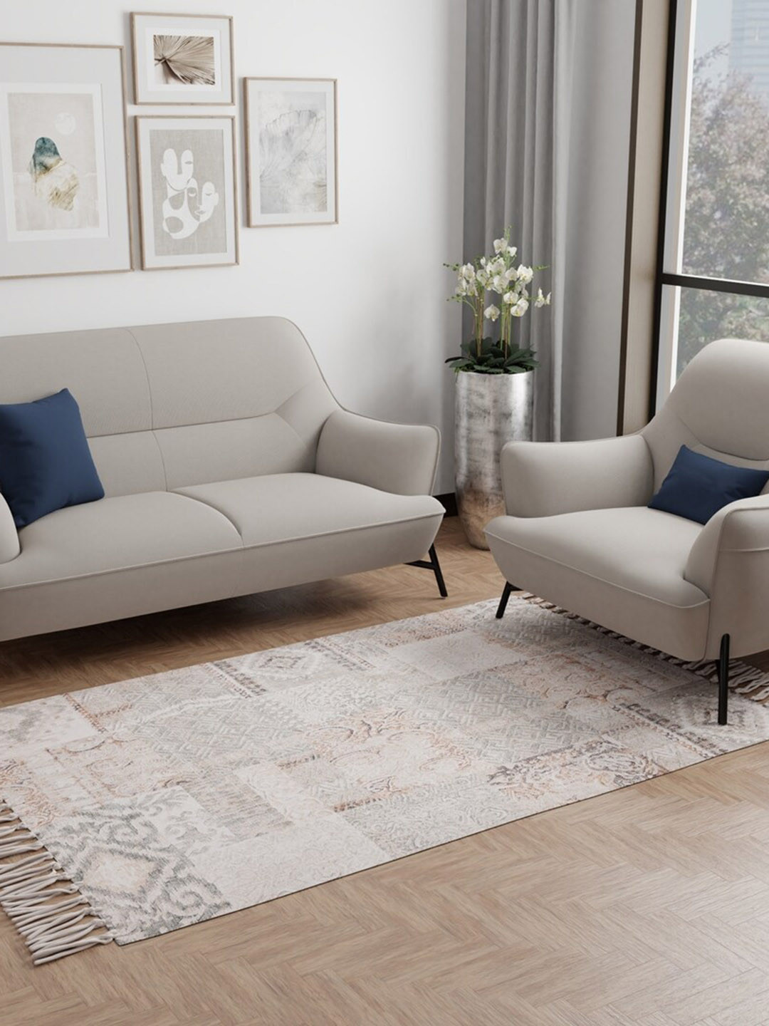 

HOUMN Adorn Beige & Rust Ethnic Motif Printed Cotton Dhurrie