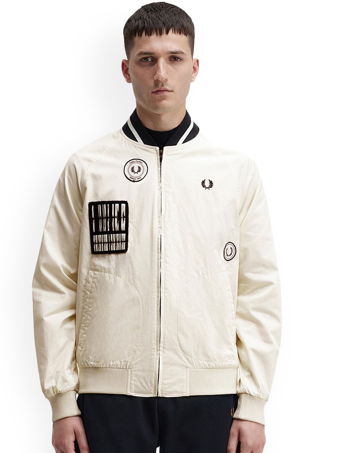 

Fred Perry Mock Collar Bomber Jacket With Patch Work, Cream