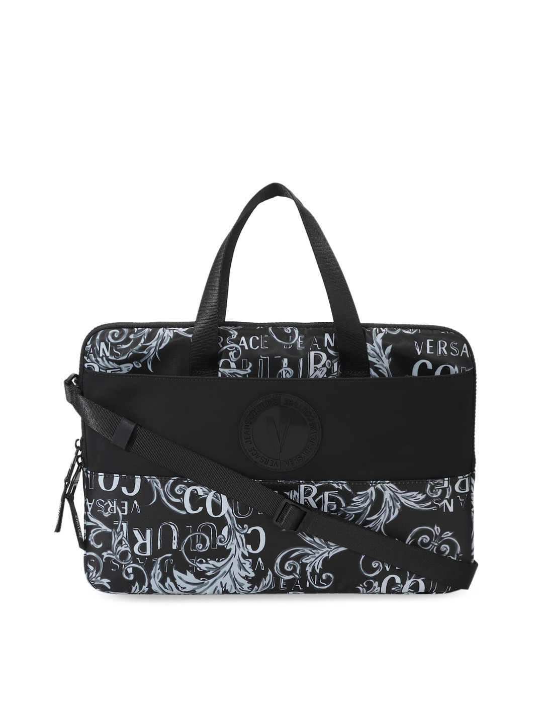 

Versace Jeans Couture Printed Leather Structured Handheld Bag with Cut Work, Black