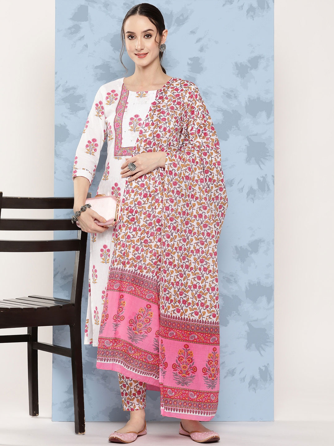 

Yufta Women Floral Printed Gotta Patti Pure Cotton Kurta with Trousers & With Dupatta, White