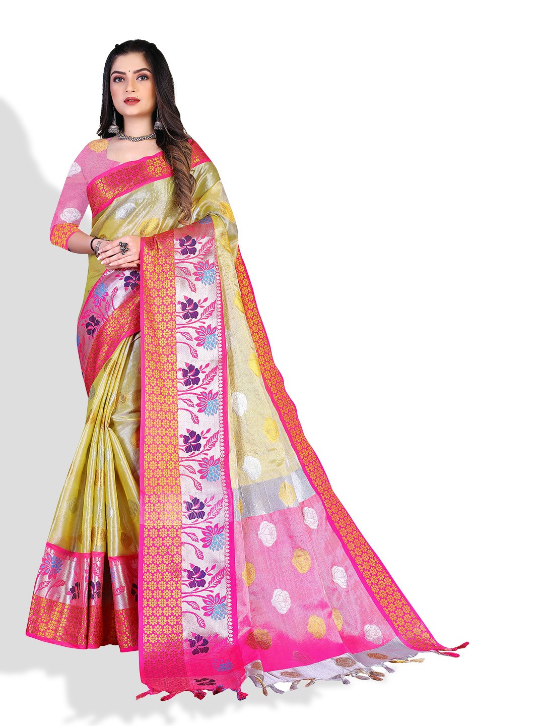 

N N ENTERPRISE Floral Motif Woven Design Zari Pure Silk Banarasi Saree, Yellow