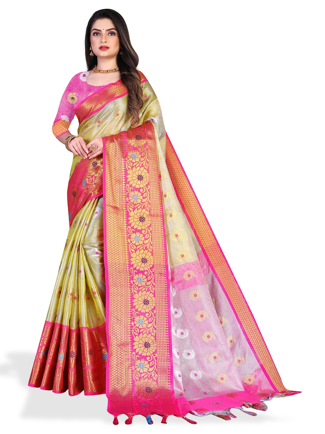 

N N ENTERPRISE Ethnic Motifs Woven Design Zari Pure Silk Banarasi Saree, Green