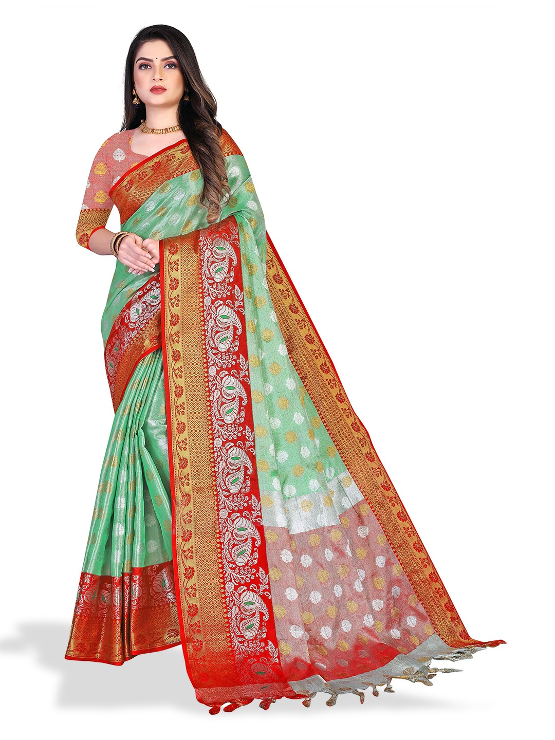 

N N ENTERPRISE Ethnic Motifs Woven Design Zari Pure Silk Banarasi Saree, Green