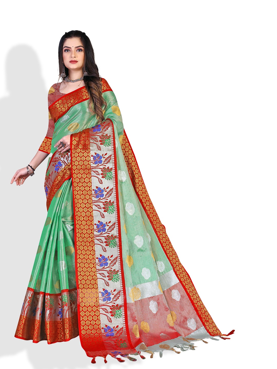 

N N ENTERPRISE Floral Motif Woven Design Zari Banarasi Saree, Green
