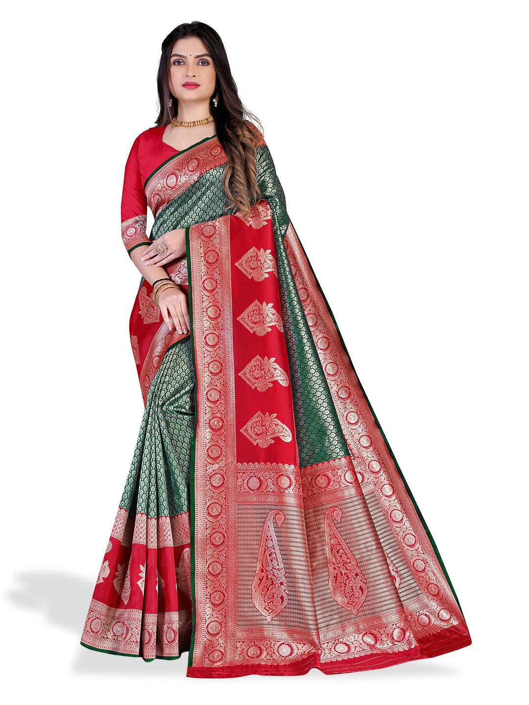 

N N ENTERPRISE Ethnic Motif Woven Design Zari Banarasi Saree, Green