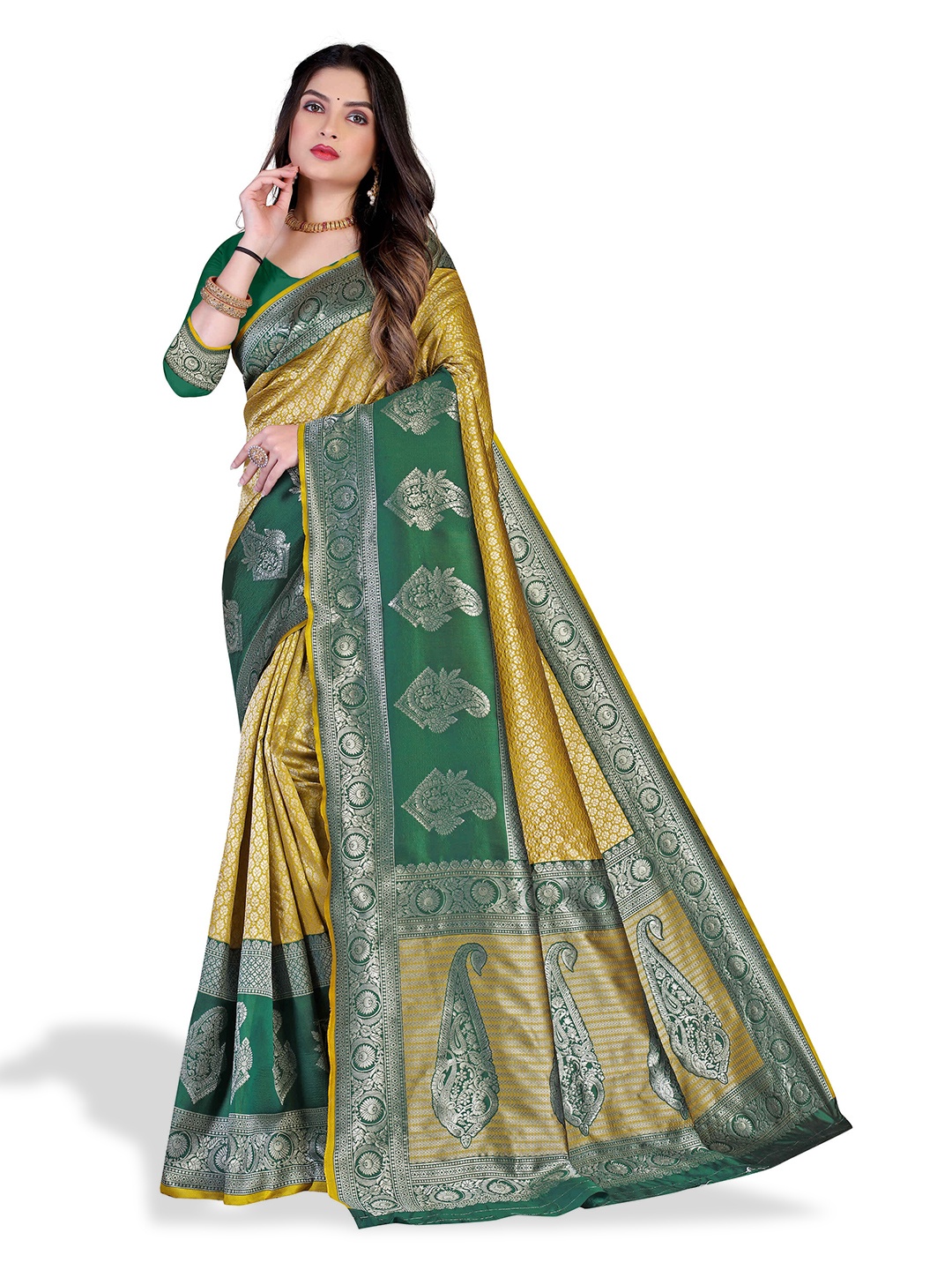

N N ENTERPRISE Ethnic Motifs Woven Design Zari Pure Silk Banarasi Saree, Green