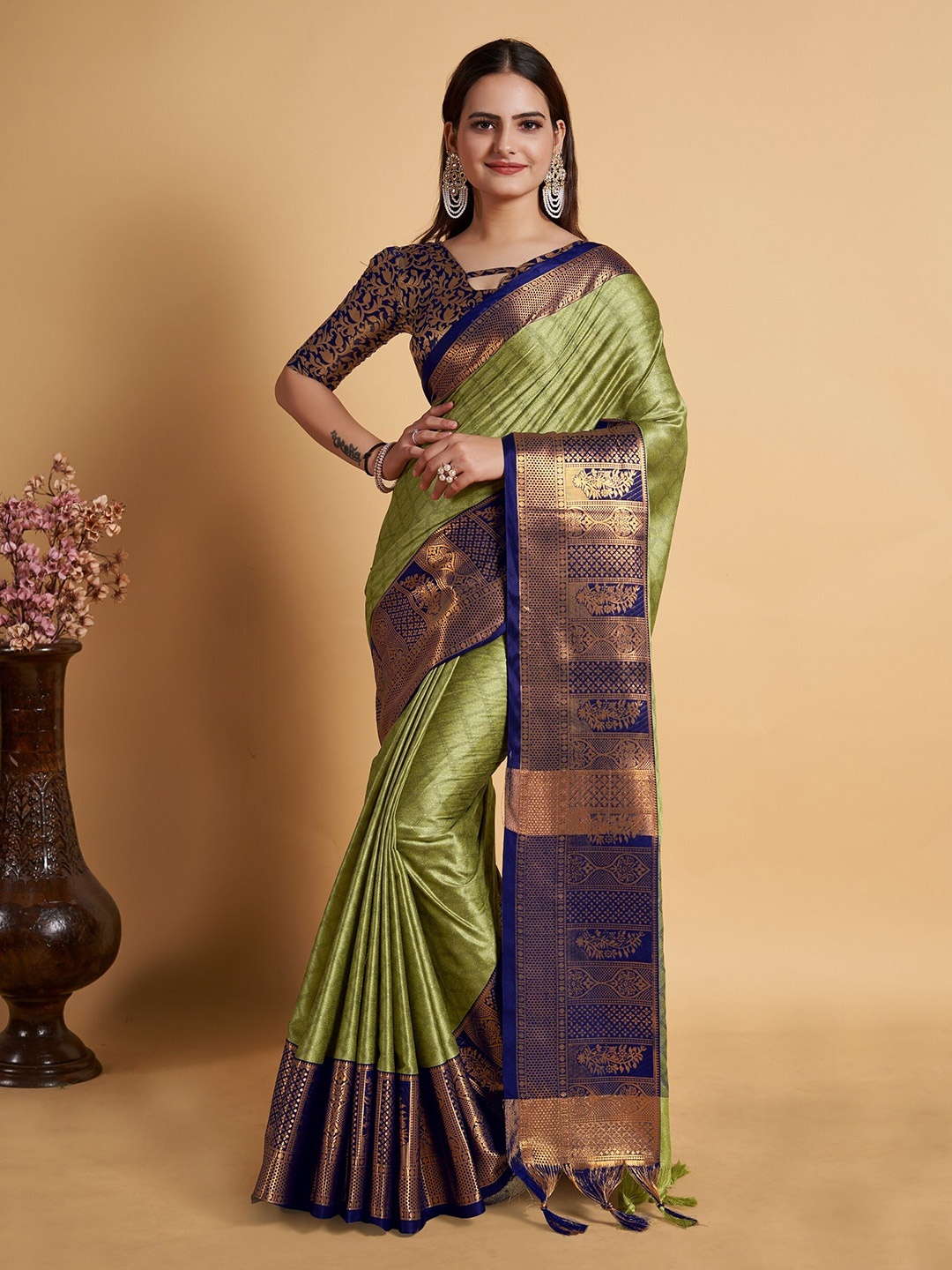 

Mitera Woven Design Zari Silk Cotton Banarasi Saree, Green
