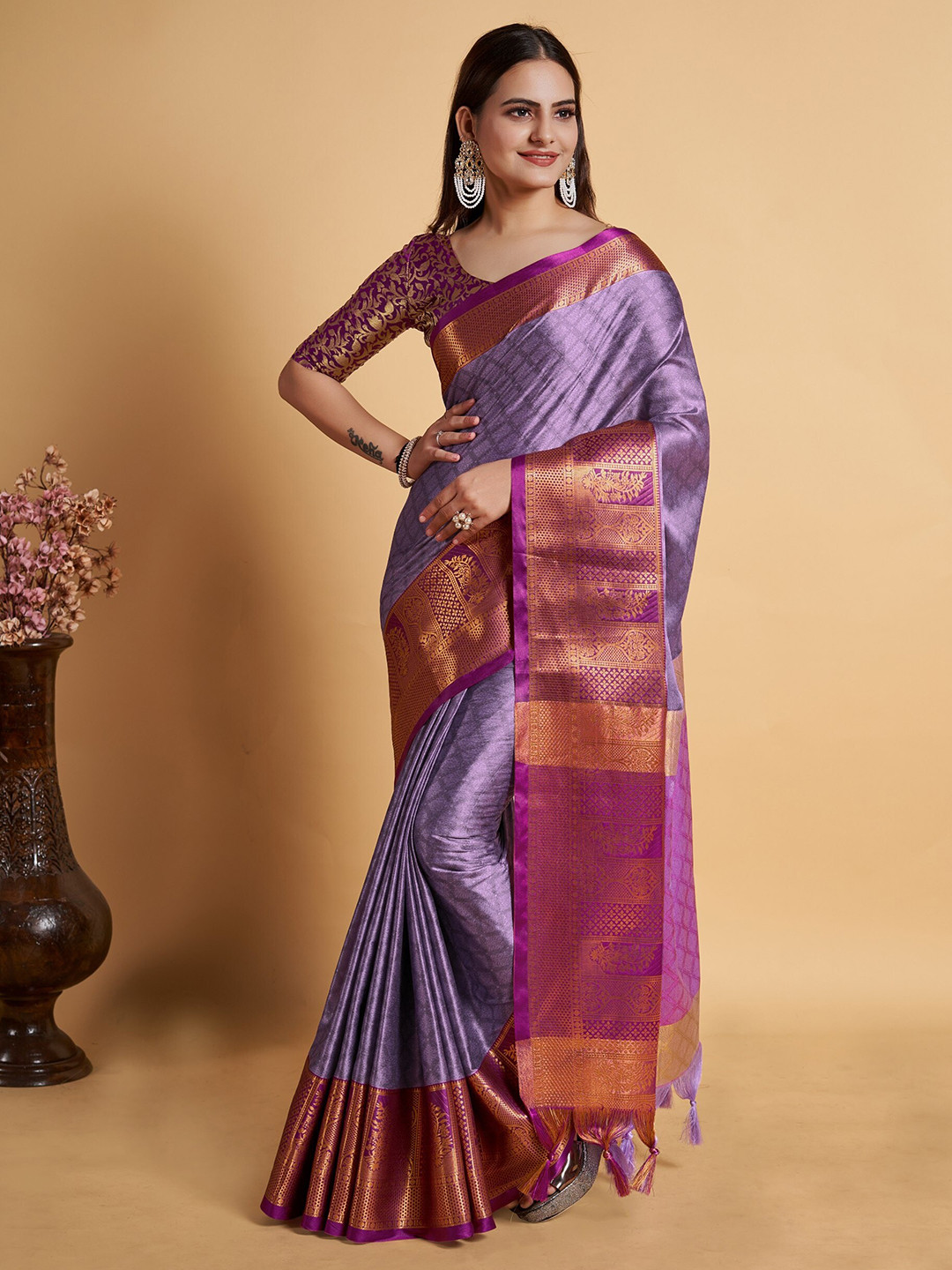 

Mitera Ethnic Woven Design Zari Silk Cotton Banarasi Saree, Purple