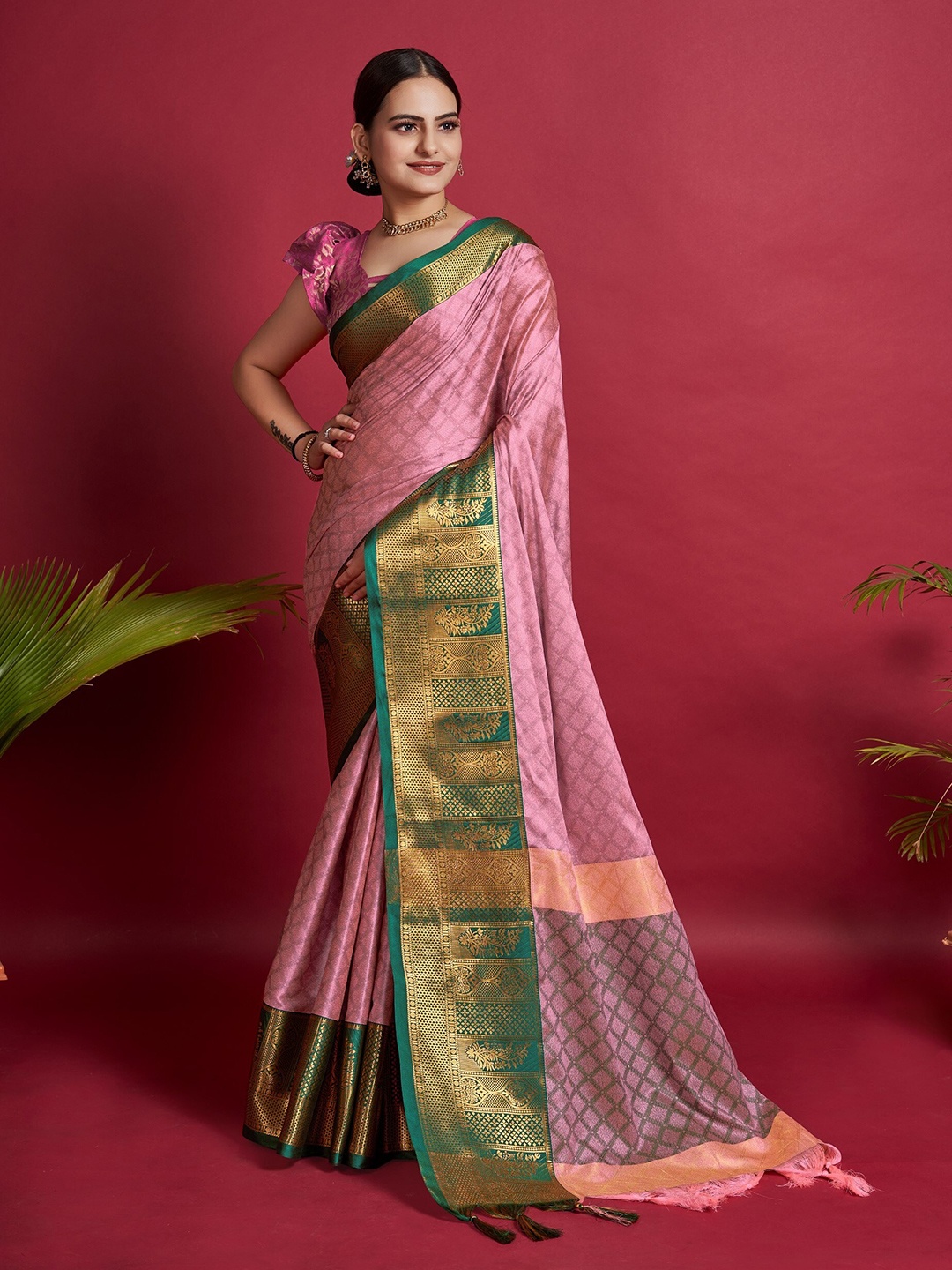 

Mitera Ethnic Woven Design Zari Silk Cotton Banarasi Saree, Pink