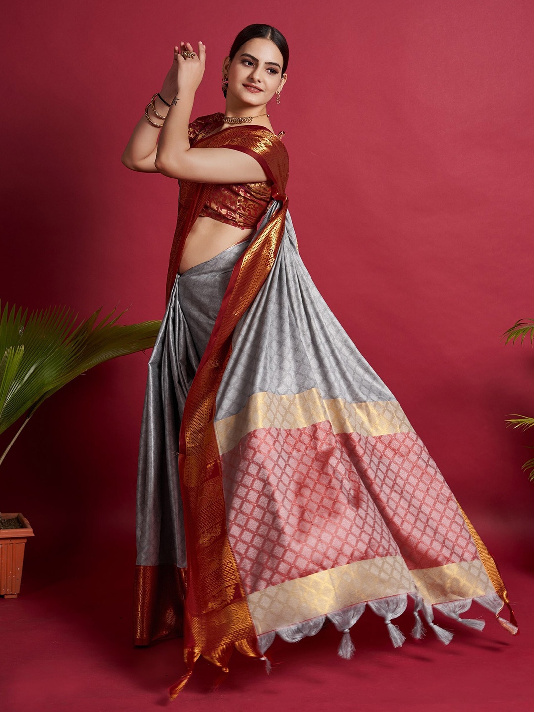 

Mitera Woven Design Zari Silk Cotton Banarasi Saree, Grey