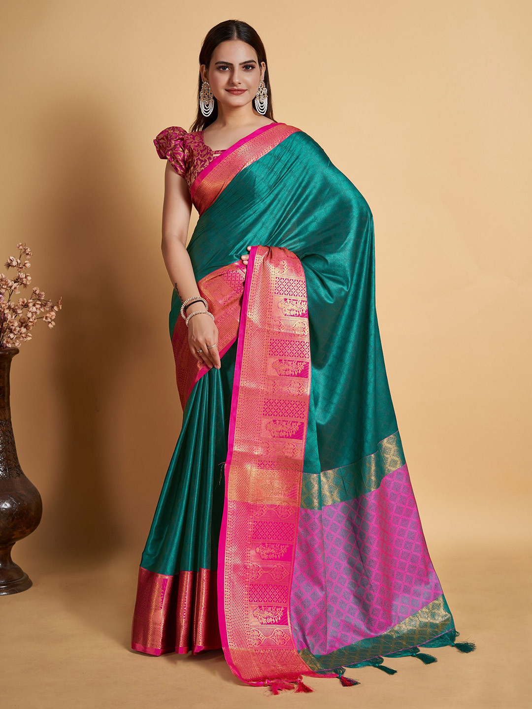 

Mitera Checked Woven Design Zari Silk Cotton Banarasi Saree, Teal