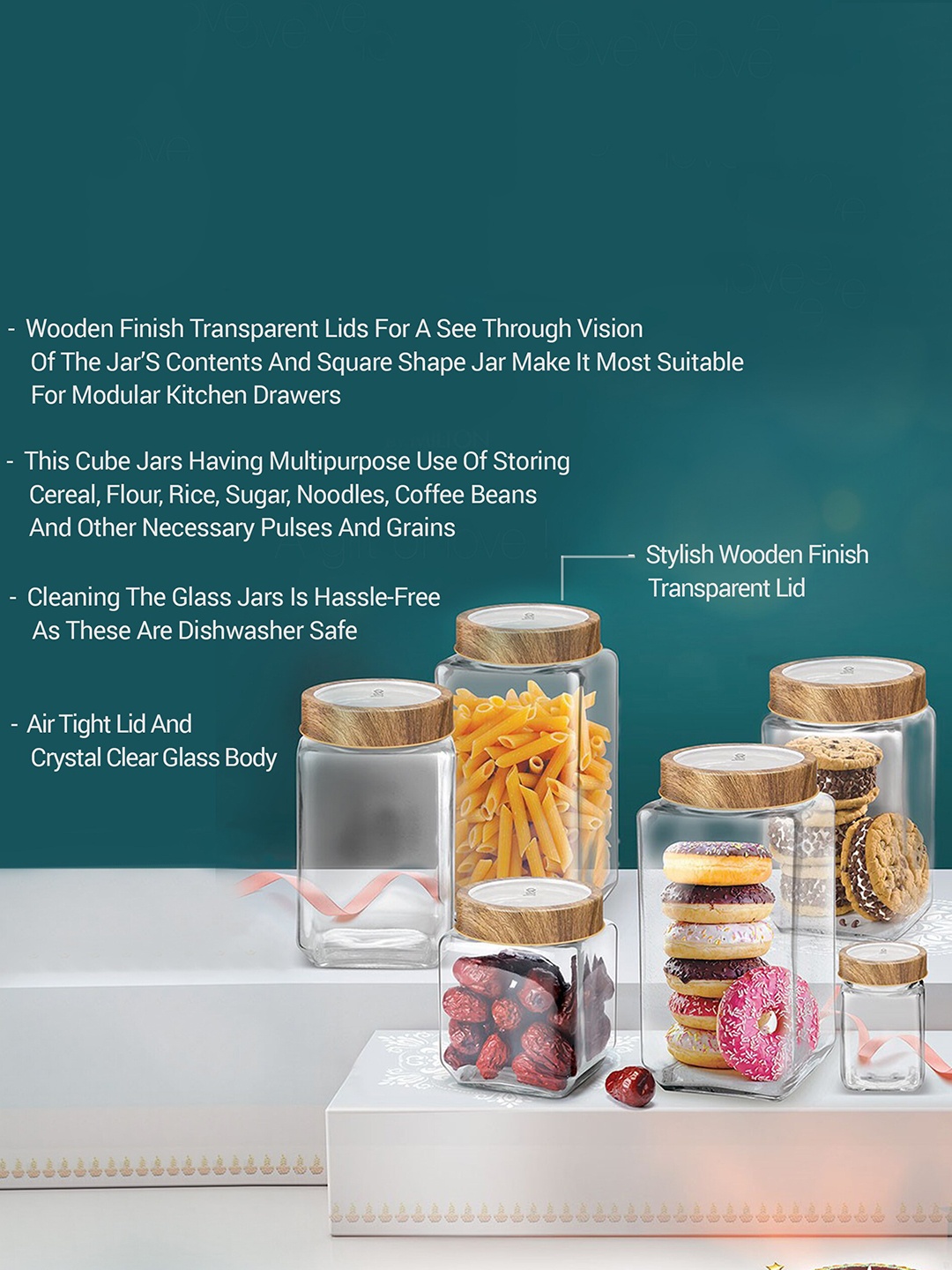 

Treo Woody Cube Storage Glass 3 Pieces Transparent Jars 800 ml Each