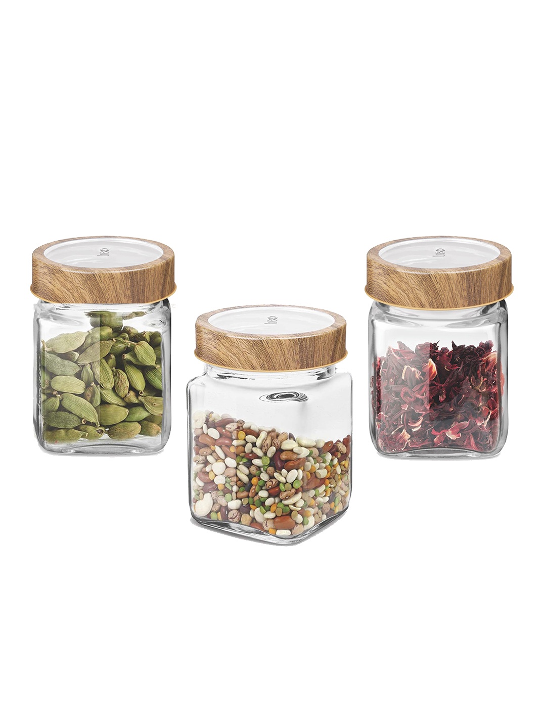 

Treo Woody Cube Storage Glass 3 Pieces Transparent Jars With Lid 180 ml Each