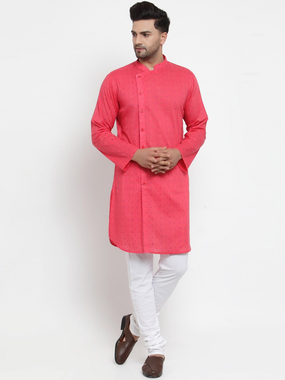 

NEUDIS Floral Woven Design Mandarin Collar Cotton Angrakha Kurta, Pink