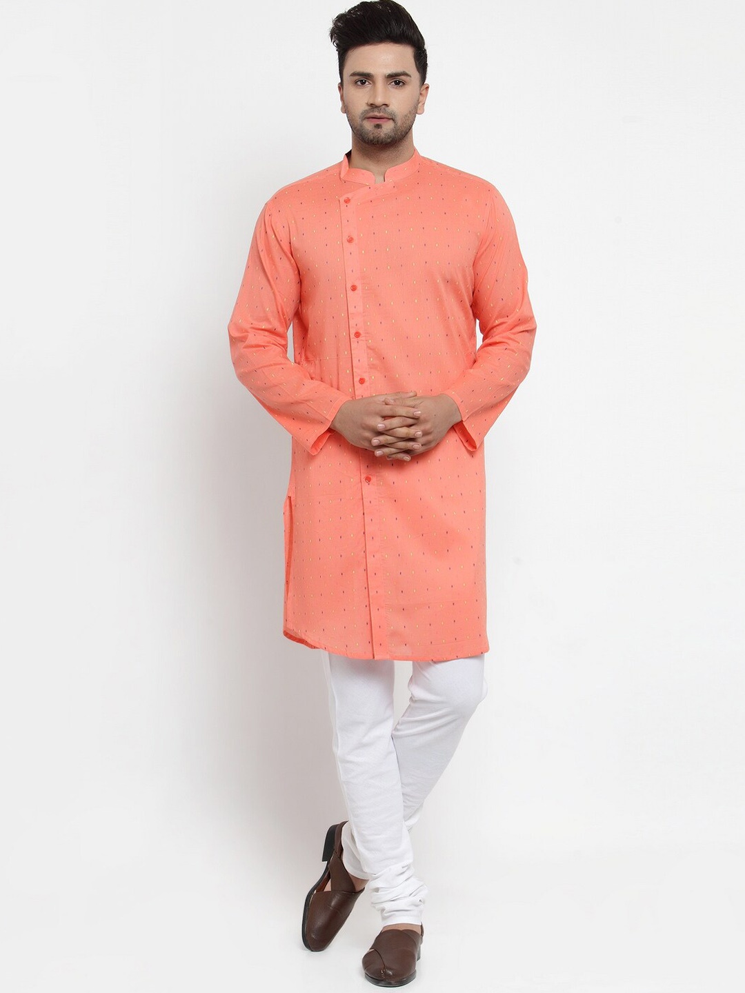 

NEUDIS Floral Printed Mandarin Collar Cotton Angrakha Kurta, Peach