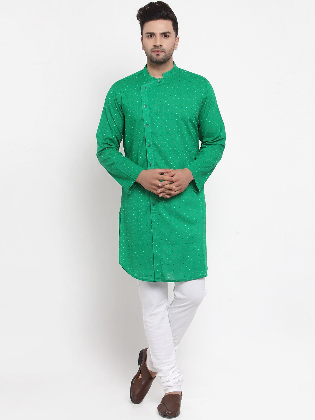 

NEUDIS Floral Woven Design Mandarin Collar Cotton Angrakha Kurta, Green