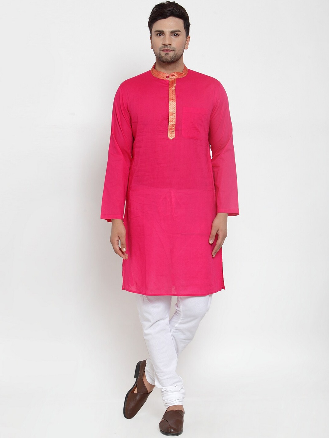 

NEUDIS Floral Woven Design Mandarin Collar Cotton Angrakha Kurta, Pink