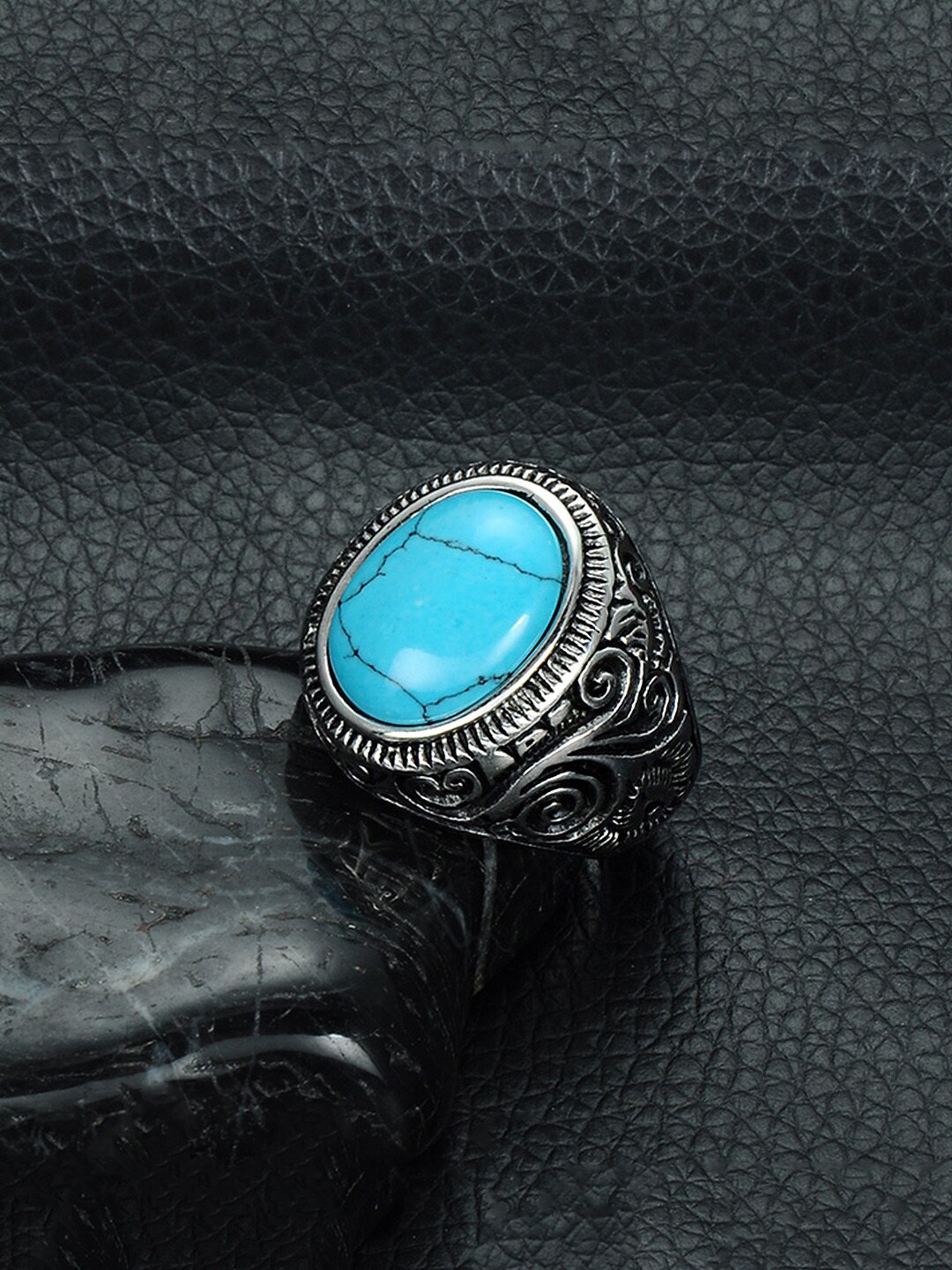 

Yellow Chimes Men Silver-Plated Stone-Studded Finger Ring, Blue