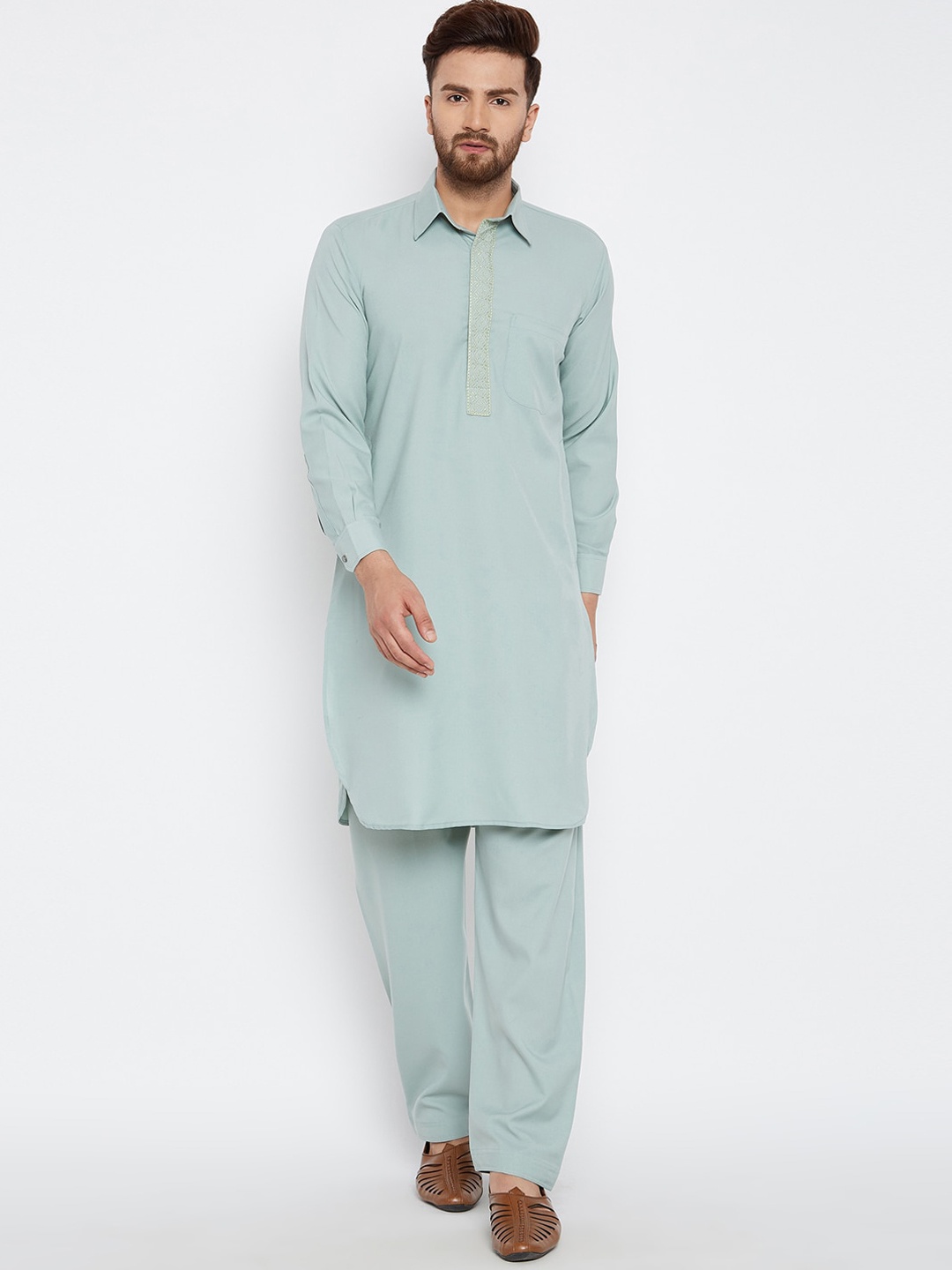 

SOJANYA Shirt Collar Cotton Linen Pathani Kurta with Pyjamas, Green