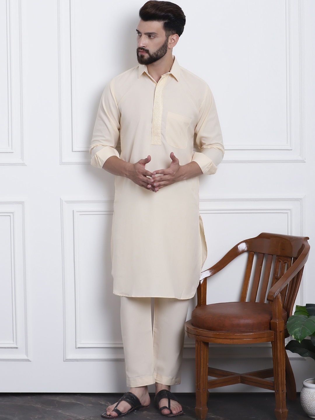 

SOJANYA Shirt Collar Curved Hem Pathani Kurta with Salwar, Beige