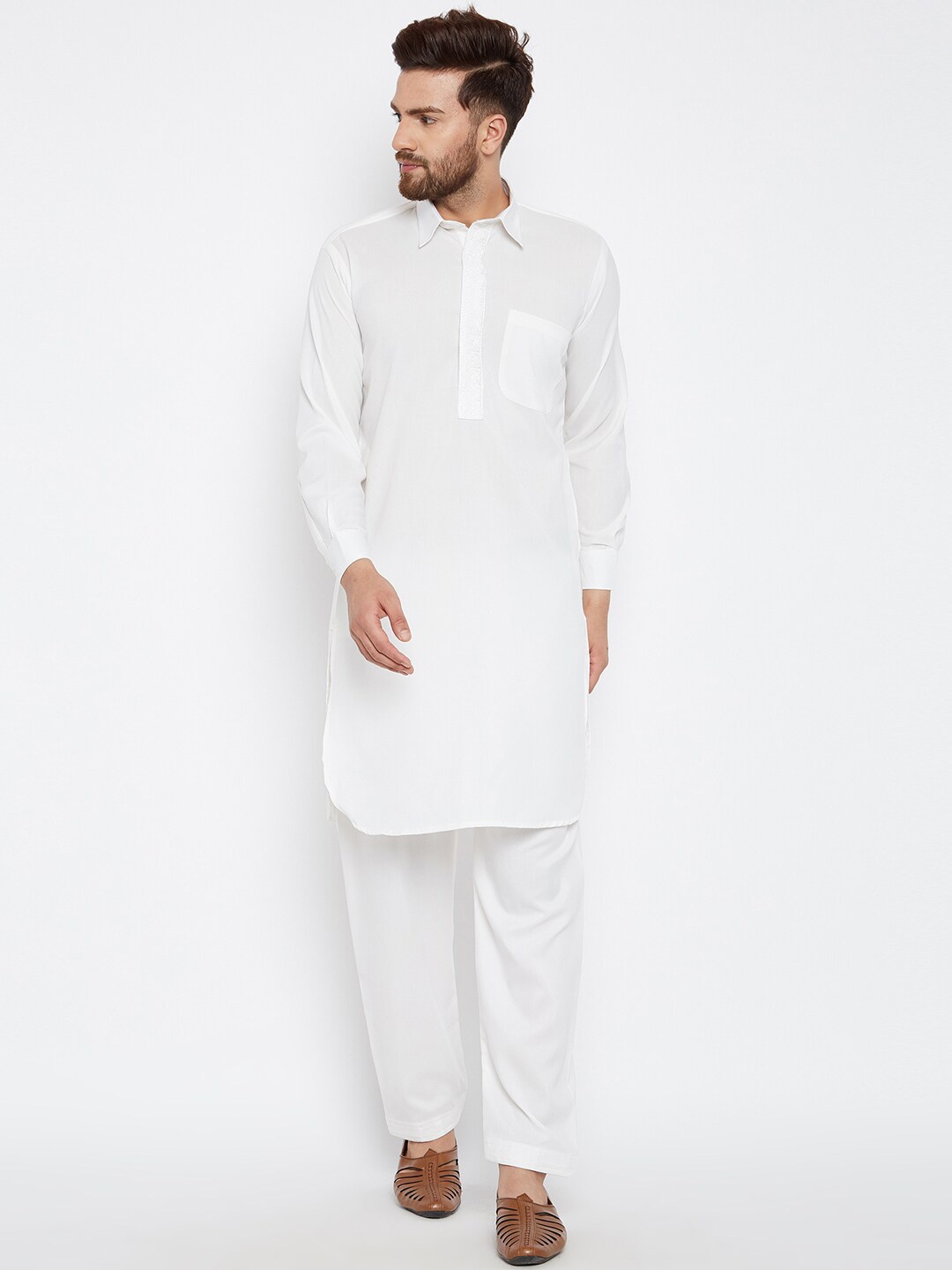 

SOJANYA Shirt Collar Curved Hem Pathani Kurta with Salwar, White