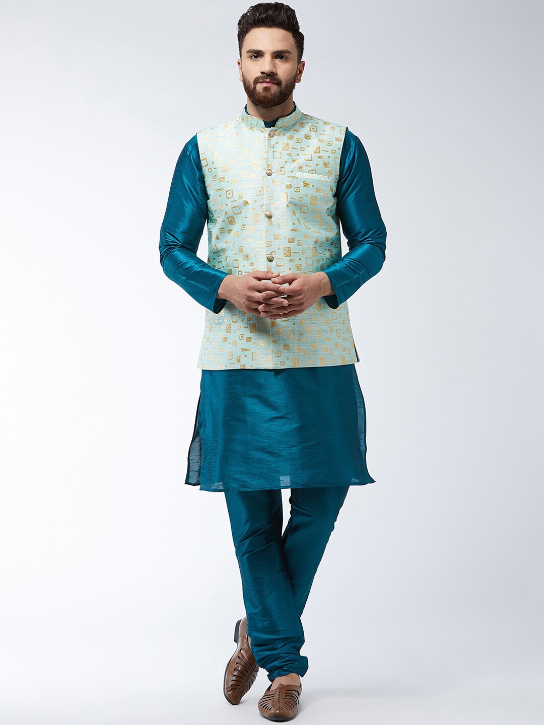 

SOJANYA Mandarin Collar Straight Kurta with Churidar with Printed Nehru Jacket, Green