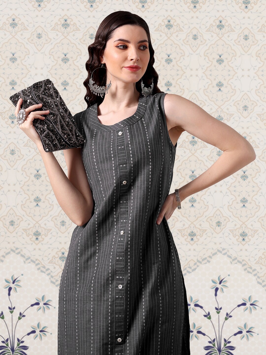 

Ode by House of Pataudi Geometric Texture Kurta, Grey