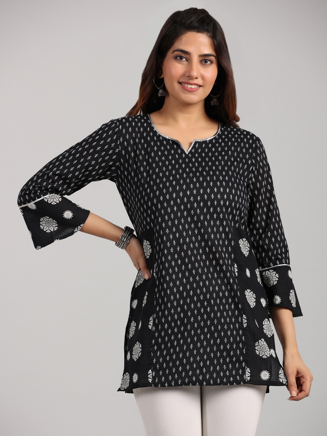 

PARCHHAI Floral Printed Bell Sleeve Ethnic Cotton Longline Top, Black
