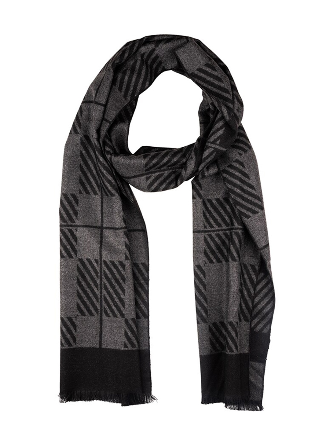 

The Tie Hub Men Checked Woolen Scarf With Frayed Border, Black