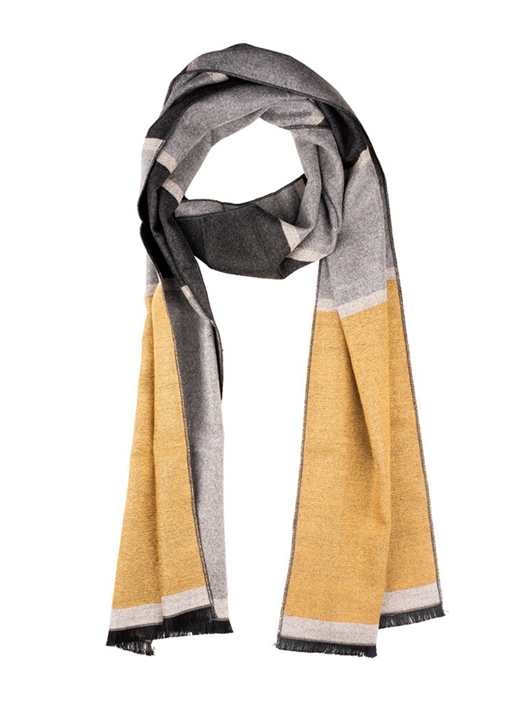 

The Tie Hub Men Colourblocked Woolen Scarf With Frayed Border, Yellow