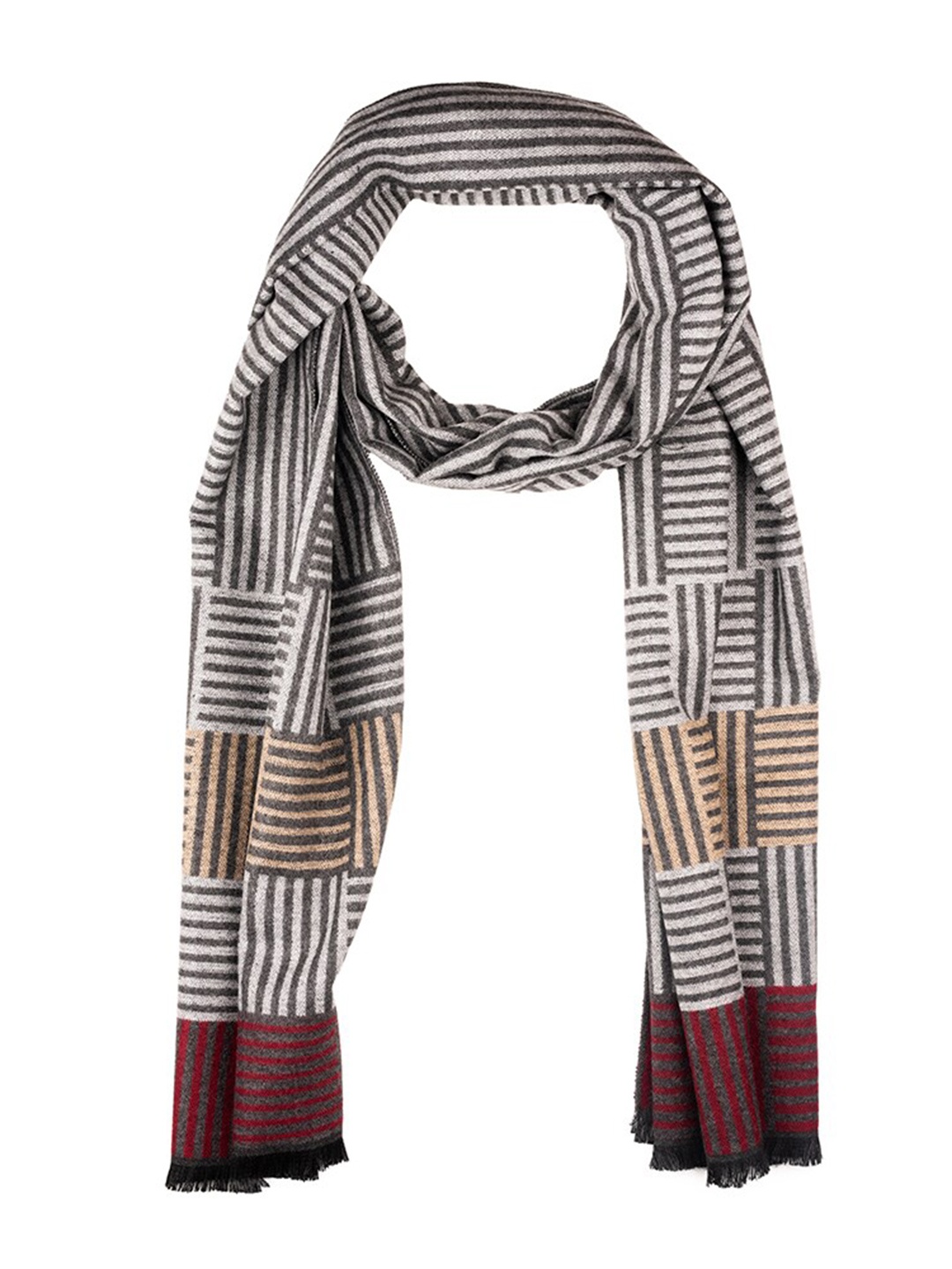 

The Tie Hub Men Striped Woolen Scarf With Frayed Border, Grey