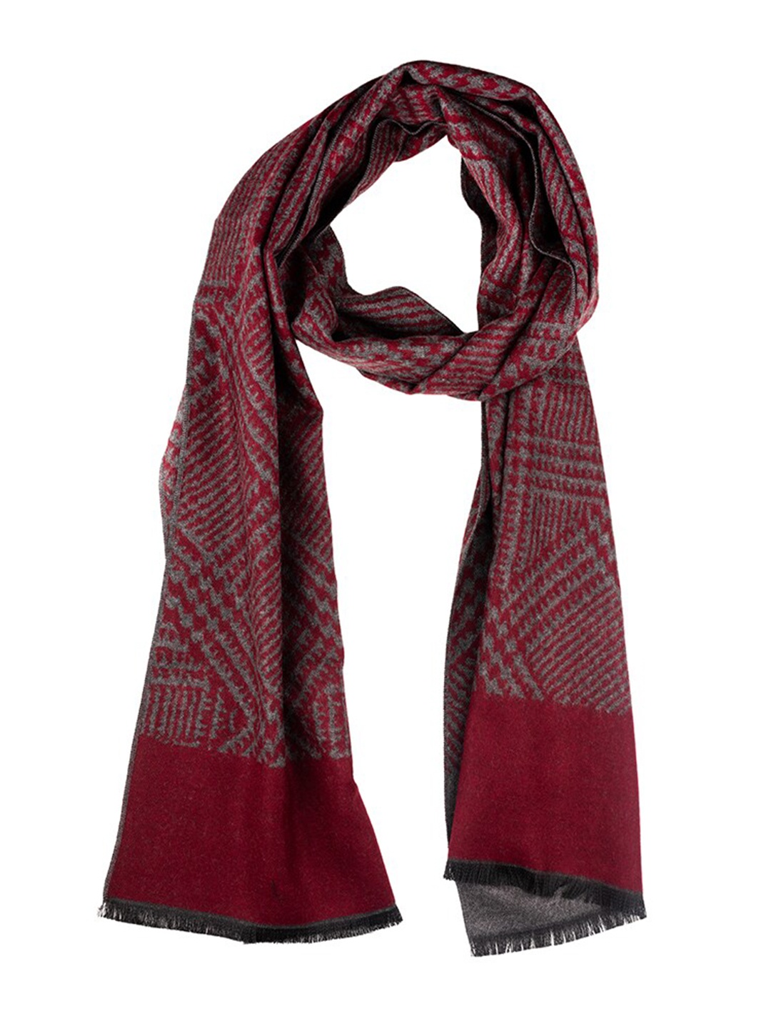 

The Tie Hub Men Checked Woolen Scarf With Frayed Border, Maroon