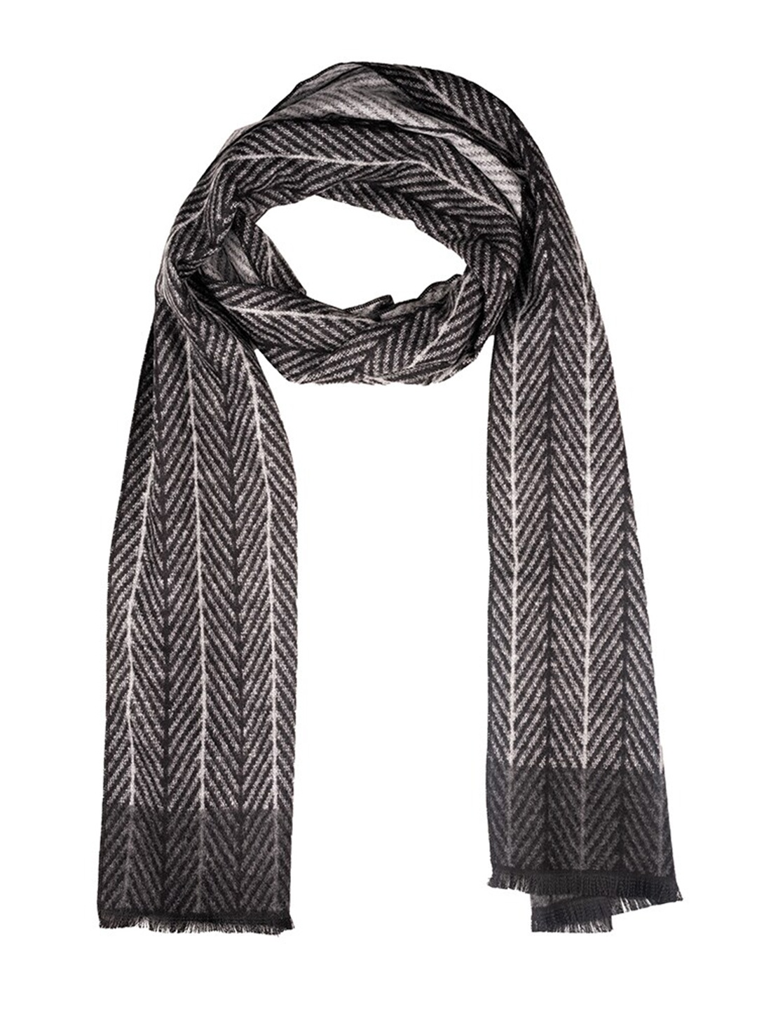 

The Tie Hub Men Striped Woolen Scarf With Frayed Border, Black