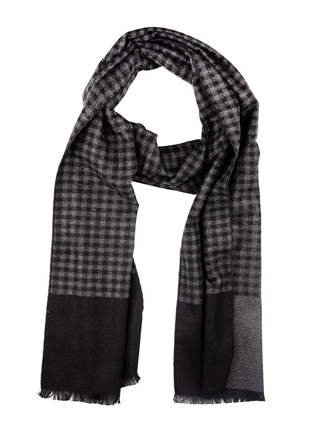 

The Tie Hub Men Checked Woolen Scarf With Frayed Border, Grey