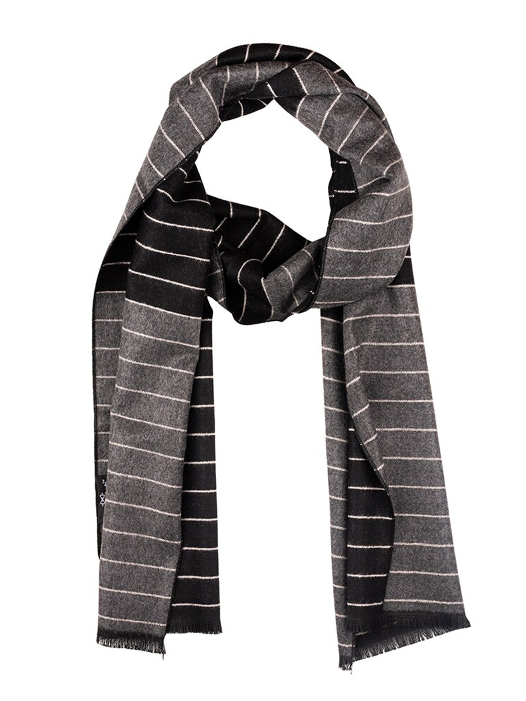 

The Tie Hub Men Striped Woolen Scarf With Frayed Border, Black