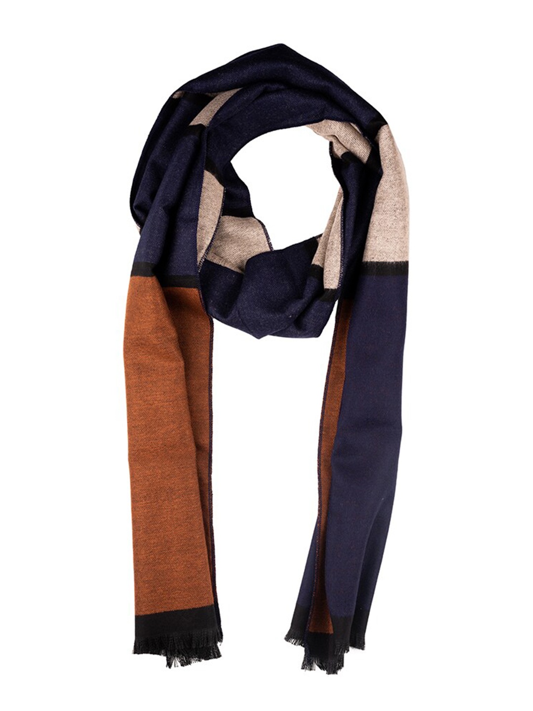 

The Tie Hub Men Colourblocked Woolen Scarf With Frayed Border, Brown