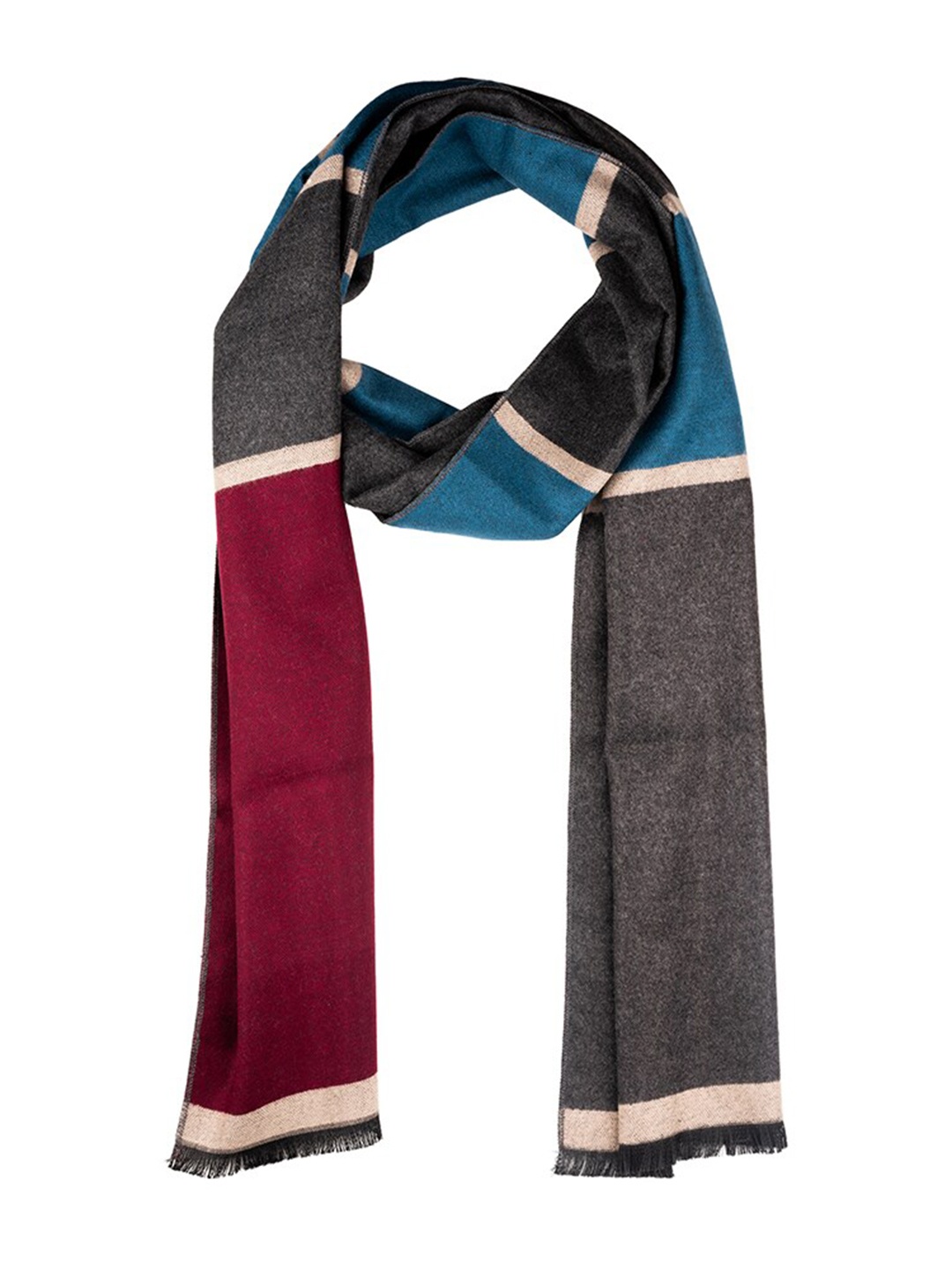 

The Tie Hub Men Colourblocked Woolen Scarf With Frayed Border, Maroon