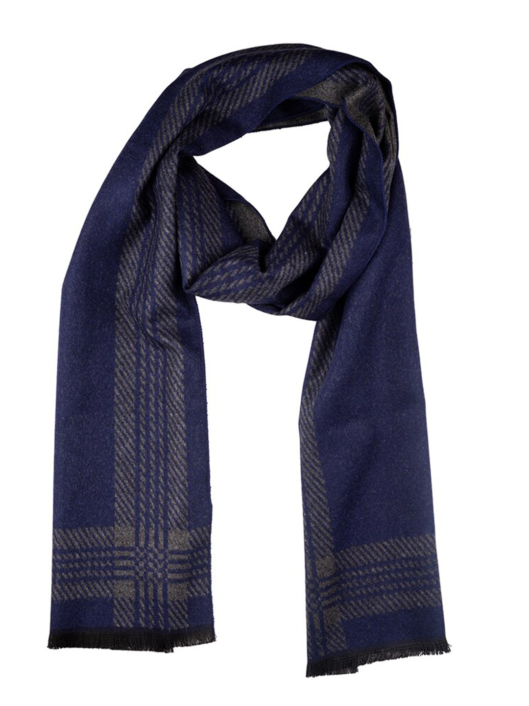 

The Tie Hub Men Striped Woolen Scarf With Frayed Border, Blue